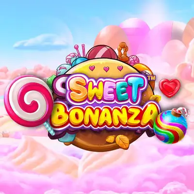 Sweet Bonanza logo by Pragmatic Play: a lollipop, a heart and a striped bomb on a candy hill