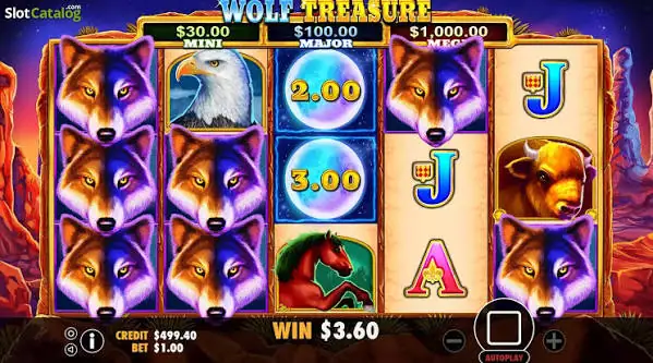 Wolf Treasure reels at a $1 bet: the top bar shows Mini $30.00, Major $100.00 and Mega $1,000.00; wolf wilds stack on reels one and two; moon coins read 2.00 and 3.00; an eagle, a horse, a buffalo, a J and an A fill the other positions